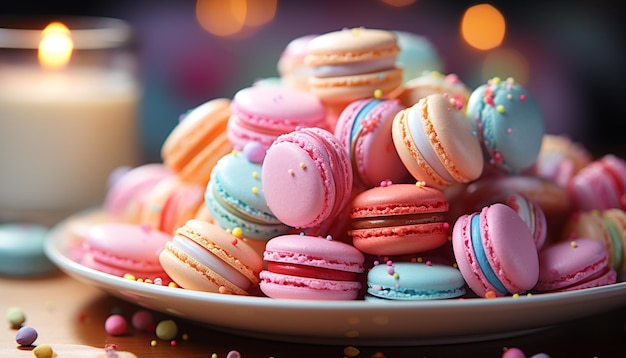 Bezpłatne zdjęcie stos kolorowych makaroników, słodki francuski przysmak na uroczystości generowane przez sztuczną inteligencję