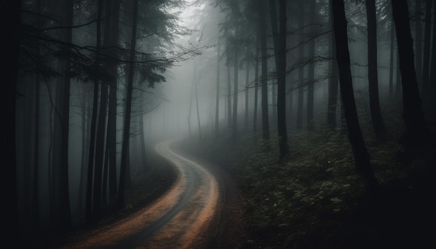 Straszna tajemnica w mglistym lesie czeka na jesienną przygodę generowaną przez sztuczną inteligencję
