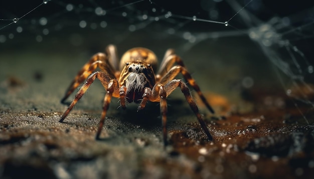 Straszny pajęczak czołga się po liściu w lesie wygenerowanym przez sztuczną inteligencję