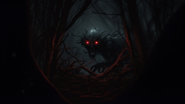 Straszny potwór w mglistym lesie w nocy