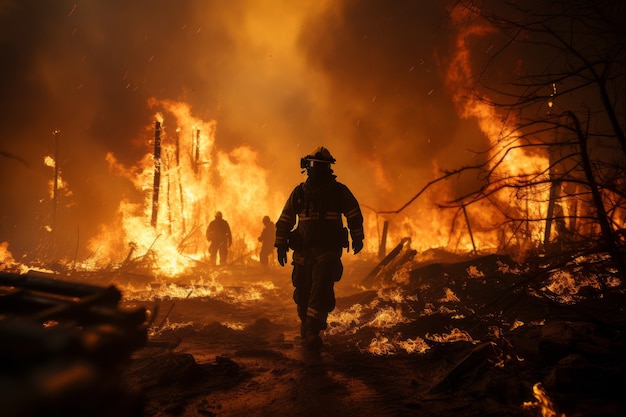 Strażak próbujący opanować pożar lasu