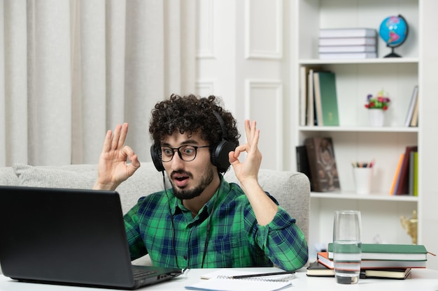 Student Online ładny Młody Facet Studiujący Na Komputerze W Okularach W Zielonej Koszuli Pokazujący Ok Gest