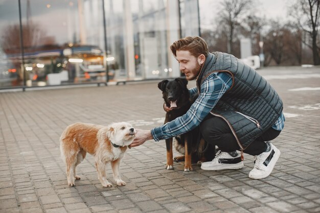 Stylowy facet bawi się z psami. Mężczyzna w mieście jesienią.