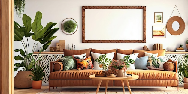 Stylowy skandynawski salon z designerskimi meblami z kanapą w kolorze mięty makiety plakatów z mapami roślin i eleg