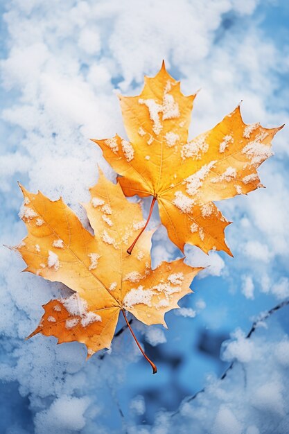 Suche jesienne liście ze śniegiem na początku zimy