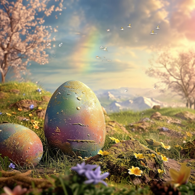 Bezpłatne zdjęcie surrealistyczne jaja wielkanocne z krajobrazem świata fantazji