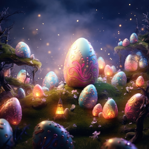 Surrealistyczne jaja wielkanocne z krajobrazem świata fantazji