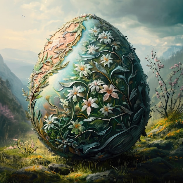 Bezpłatne zdjęcie surrealistyczne jajko wielkanocne z krajobrazem świata fantazji