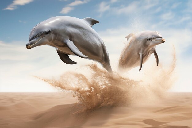 Surrealistyczne przedstawienie delfina na pustyni.