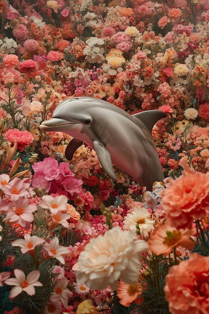 Surrealistyczne przedstawienie delfina wśród kwiatów.