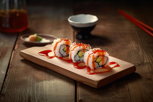 Sushi z łososiem i ryżem na drewnianym stole w restauracji Ai generative