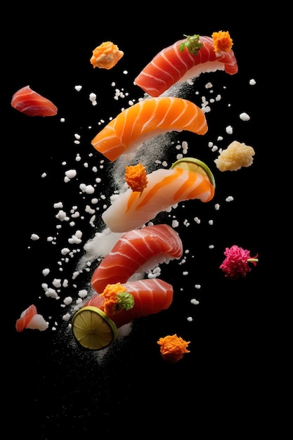 Bezpłatne zdjęcie sushi z owocami morza z szczegółami i prostym czarnym tłem