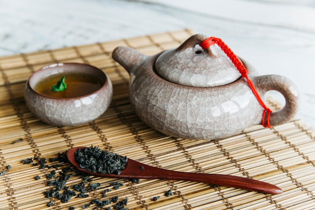 Suszone liście herbaty z ceramicznym czajnikiem i filiżankami na podkładce