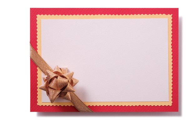 Świąteczna karta podarunkowa złota kokardka czerwona ramka