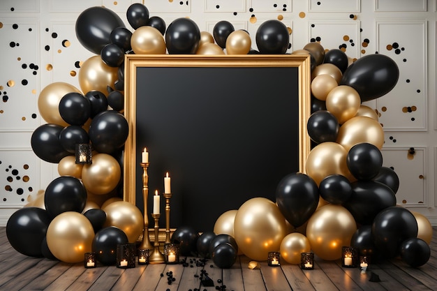 Bezpłatne zdjęcie Świąteczna pusta ramka z dekoracją czarno-złotych balonów