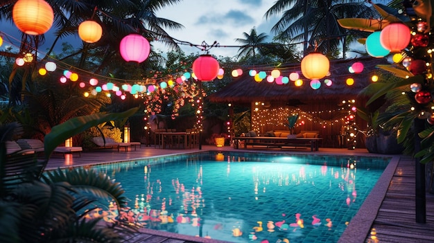 Bezpłatne zdjęcie Świąteczny basen ozdobiony kolorowymi dekoracjami, sznurkami świetlnymi i parkietem tanecznym