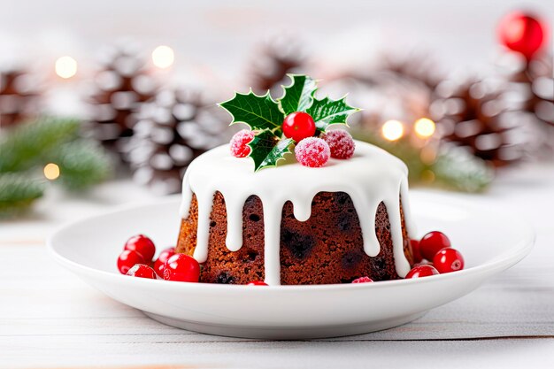 Świąteczny budyń ciasto owocowe na tle dekoracji świątecznychTradycyjny świąteczny deser
