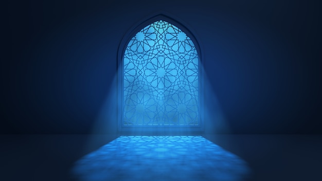 Światło księżyca wpada przez okno do wnętrza islamskiego meczetu