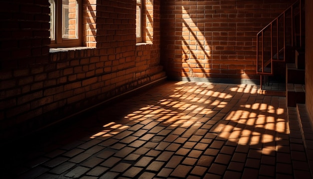 Bezpłatne zdjęcie Światło słoneczne rzuca cienie na starożytną ceglaną architekturę wnętrz generowaną przez sztuczną inteligencję