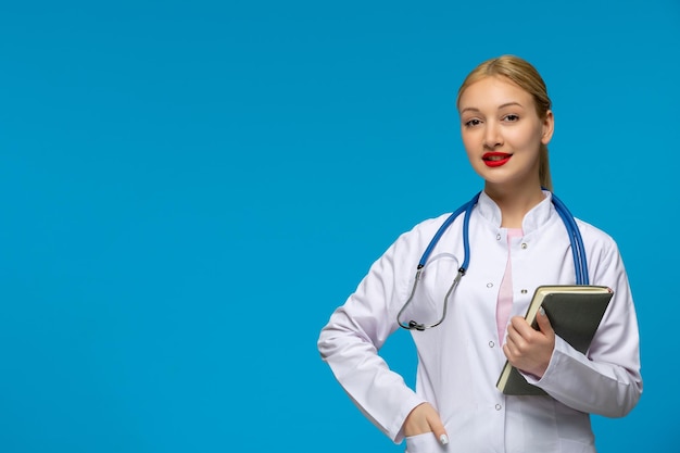 Światowy dzień lekarza słodki młody lekarz trzymający książkę ze stetoskopem w płaszczu medycznym