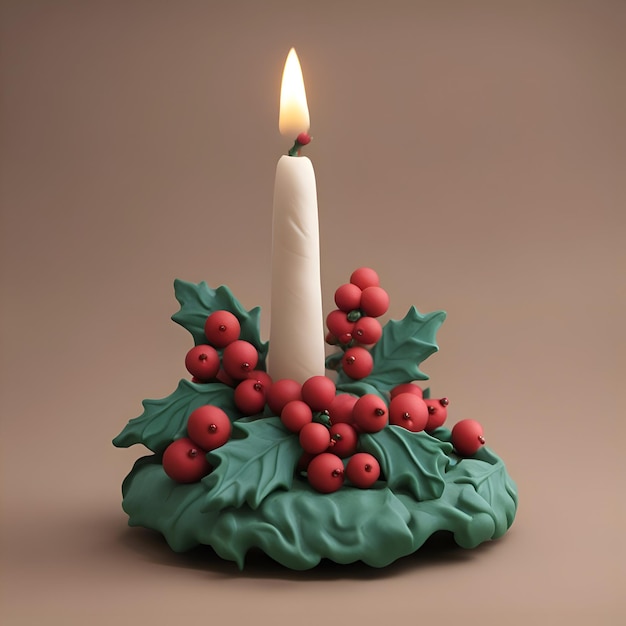 Bezpłatne zdjęcie Świeca świąteczna z jagodą ostrokrzewu na brązowym tle ilustracji 3d