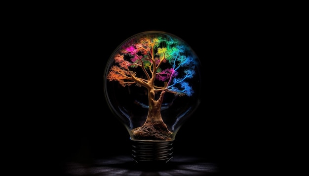 Świecąca lampa elektryczna oświetla naturę jasnymi pomysłami generowanymi przez sztuczną inteligencję