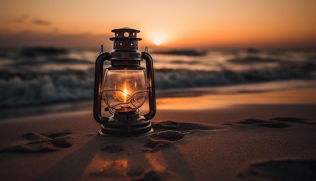 Bezpłatne zdjęcie Świecąca latarnia oświetla spokojną plażę o zmierzchu generowaną przez sztuczną inteligencję