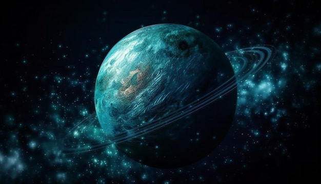 Bezpłatne zdjęcie Świecąca niebieska kula orbituje w polu gwiazd generowanym przez sztuczną inteligencję