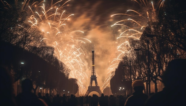 Świecąca panorama miasta eksplodująca fajerwerkami radosny tłum generowany przez sztuczną inteligencję