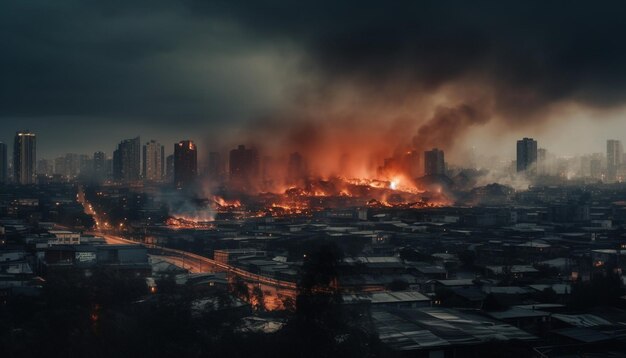 Świecąca panorama miasta płonąca niebezpiecznymi płomieniami generowanymi przez sztuczną inteligencję