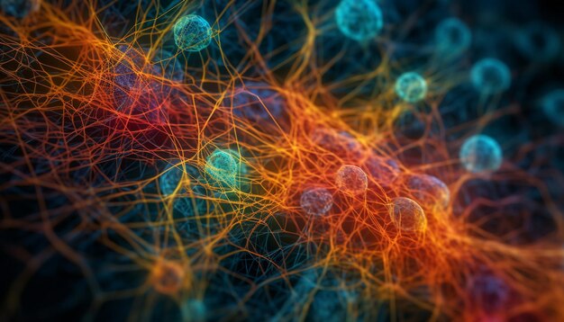 Świecąca spirala komórek nerwowych w ciemnej przestrzeni generowana przez sztuczną inteligencję