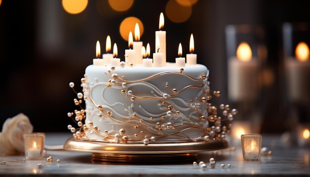 Bezpłatne zdjęcie Świecąca świeca oświetla słodki czekoladowy deser na eleganckim stole generowanym przez sztuczną inteligencję