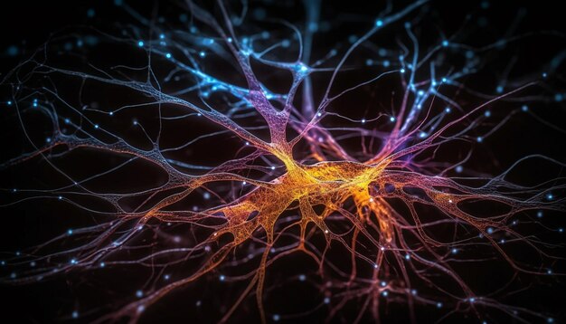 Świecąca synapsa, wielokolorowa komunikacja neuronowa w abstrakcyjnym projekcie generowanym przez sztuczną inteligencję