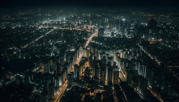Świecące drapacze chmur oświetlają futurystyczny pejzaż Pekinu o zmierzchu generowany przez sztuczną inteligencję