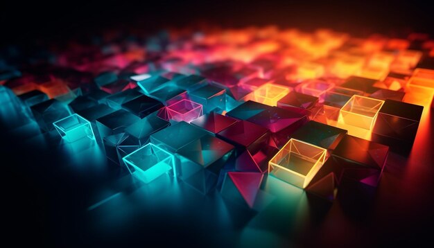 Świecące kształty geometryczne w żywych kolorach odzwierciedlają generowane przez sztuczną inteligencję