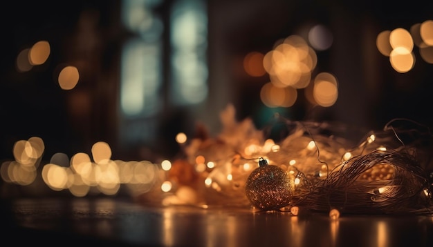 Bezpłatne zdjęcie Świecące lampki świąteczne oświetlają błyszczące dekoracje generowane przez sztuczną inteligencję