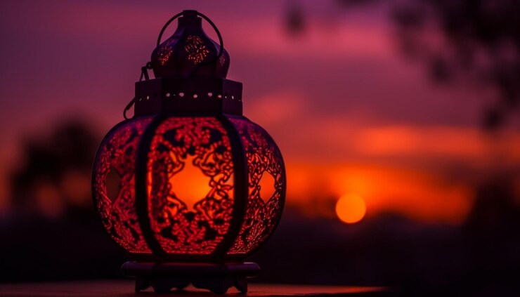 Bezpłatny plik Zdjęcie świecące latarnie oświetlają tradycyjne obchody ramadanu o zmierzchu generowane przez sztuczną inteligencję