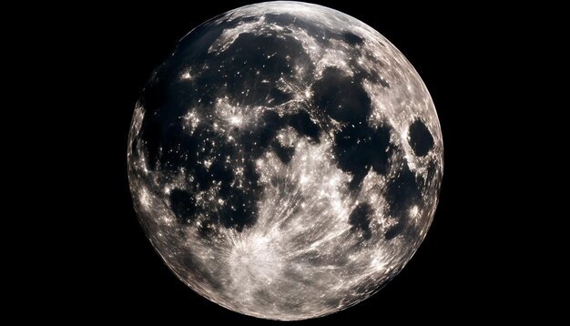 Świecące światło księżyca oświetla orbitującą kulę planety w przestrzeni generowanej przez sztuczną inteligencję