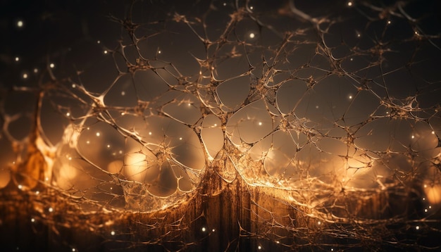 Świecące żółte światła oświetlają zimowe gałęzie drzew generowane przez sztuczną inteligencję