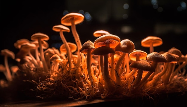Świecący muchomor w ciemnym lesie generowany przez sztuczną inteligencję
