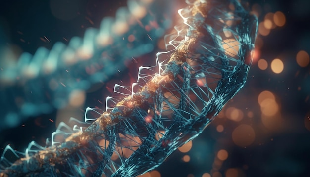 Świecący niebieski spiralny wzór oświetla strukturę molekularną generowaną przez sztuczną inteligencję