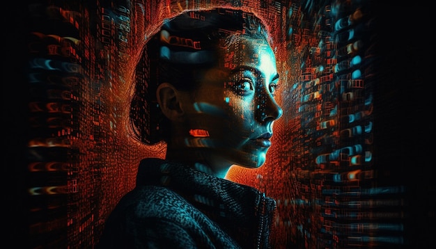 Świecący posąg cyborga oświetlony niebieską tajemnicą generowaną przez sztuczną inteligencję