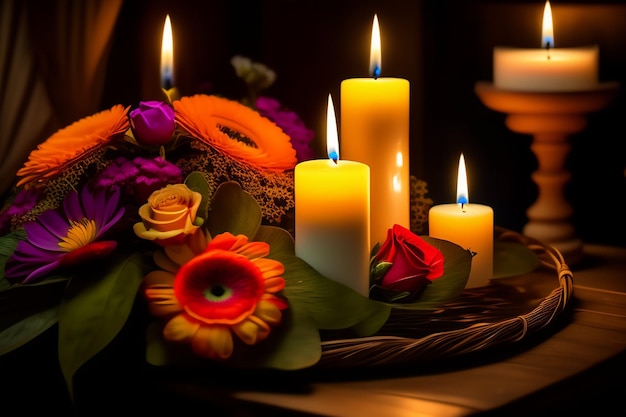 Świece w ciemnym pokoju z kwiatami i świecami