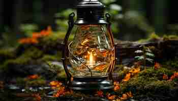 Bezpłatne zdjęcie Świetlająca latarnia oświetla jesienny las staroświecka świeca przynosi wiejską dekorację generowaną przez sztuczną inteligencję