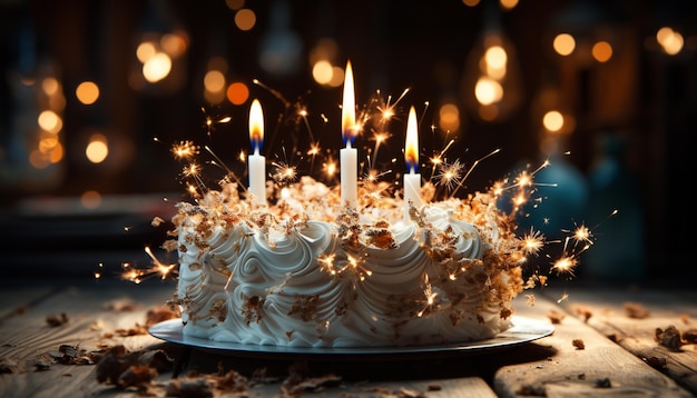 Bezpłatne zdjęcie Święto urodzin domowe ciasto urodzinowe słodki czekoladowy deser świece świecące generowane przez sztuczną inteligencję