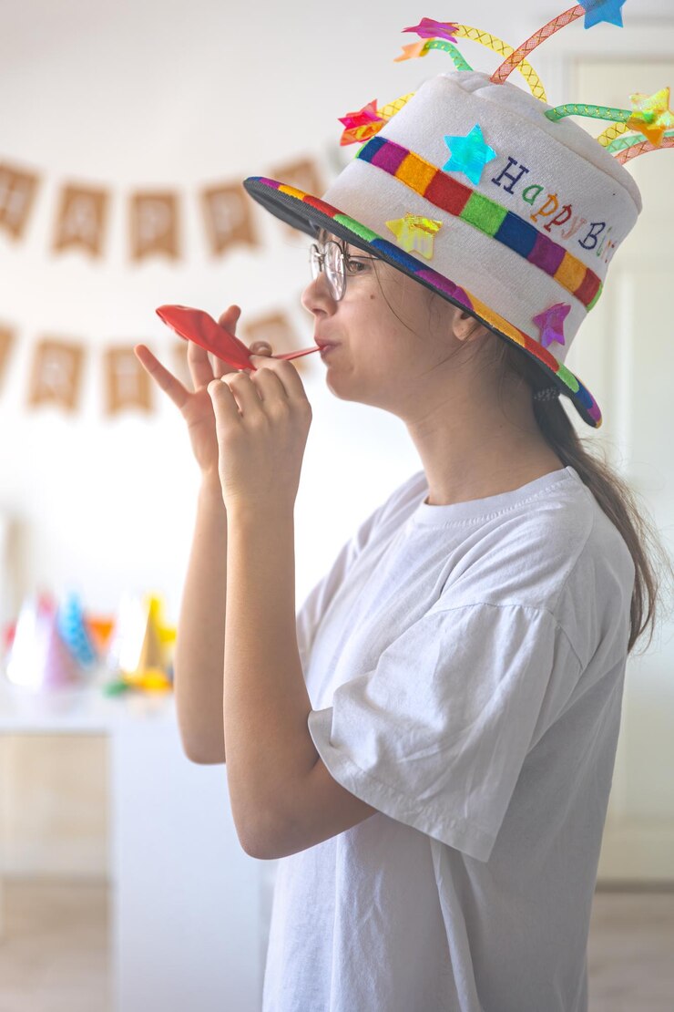 Bezpłatny plik Zdjęcie świętowna dziewczyna napełnia balon na swoje urodziny koncepcja urodzinowa