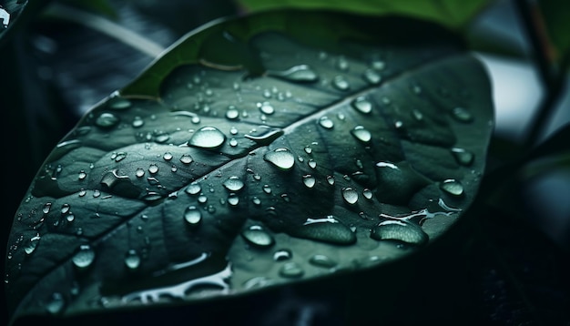Bezpłatne zdjęcie Świeża kropla deszczu na zielonym liściu natury piękna generowana przez sztuczną inteligencję