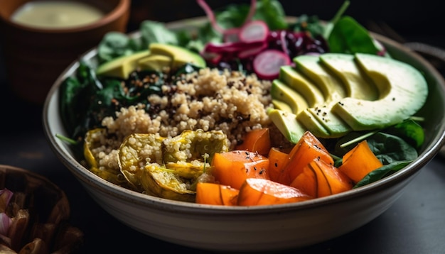 Bezpłatne zdjęcie Świeża salaterka z ekologicznymi warzywami i komosą ryżową wygenerowana przez sztuczną inteligencję