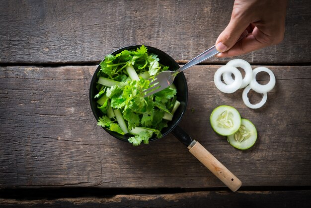 Świeża sałatka cilantro, kolendra z sałatką ogórków. Koncepcja zdrowej żywności.