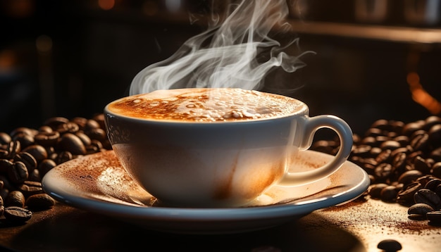 Bezpłatne zdjęcie Świeże cappuccino na drewnianym stole para wznosząca się z gorącego napoju generowanego przez sztuczną inteligencję